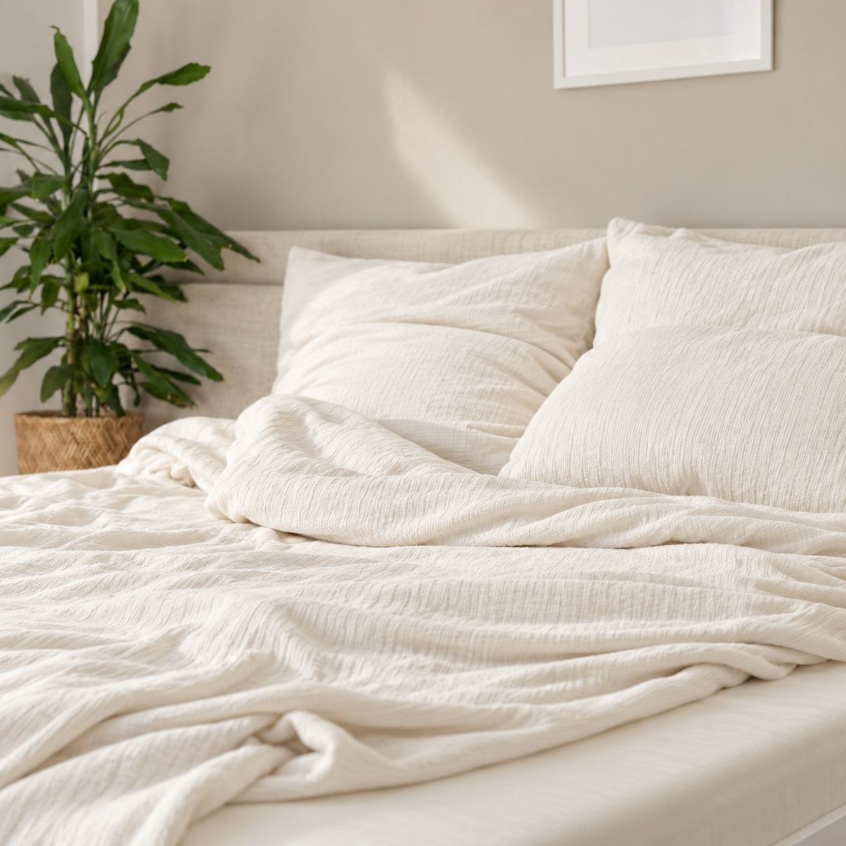 Bett mit wolkenweißer Struktur-Bettwäsche aus Bio-Baumwolle, daneben eine Zimmerpflanze