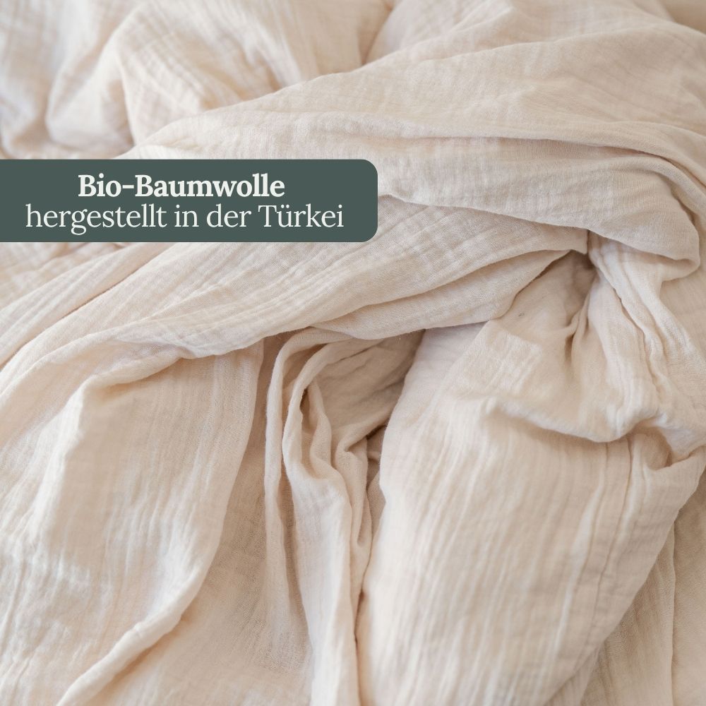 Nahaufnahme cremefarbener Musselin aus Bio-Baumwolle, hergestellt in der Türkei
