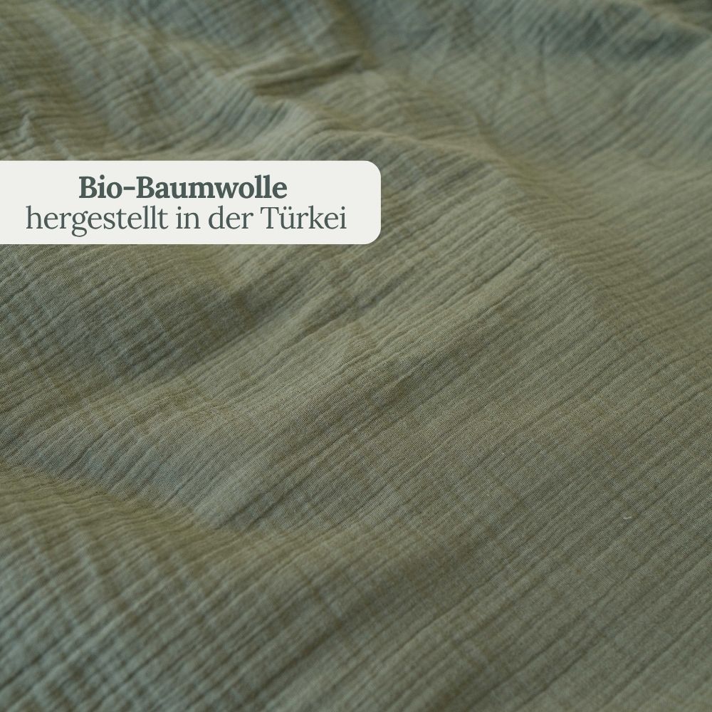 Nahaufnahme olivgrüner Musselin aus Bio-Baumwolle, hergestellt in der Türkei